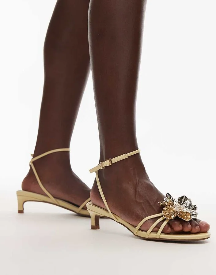 Topshop Inaya kitten heel strappy sandals with gold flower in yellow