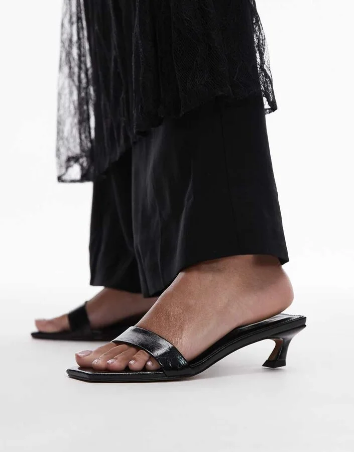 Topshop Inga square toe slip on mid heeled sandals in black