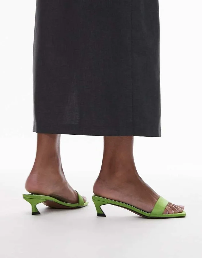 Topshop Inga square toe slip on mid heeled sandals in green - Image 3