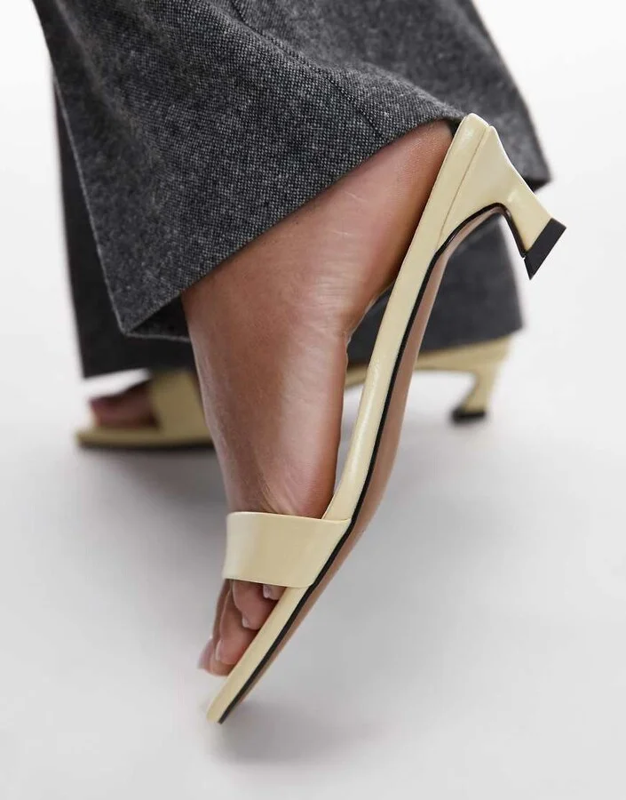 Topshop Inga square toe slip on mid heeled sandals in pale yellow - Image 4