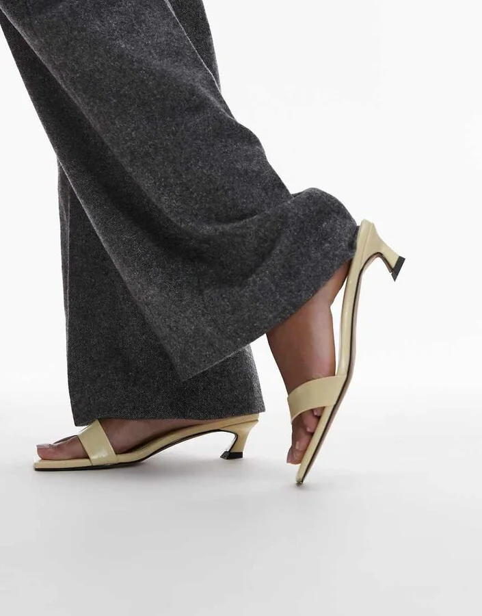 Topshop Inga square toe slip on mid heeled sandals in pale yellow