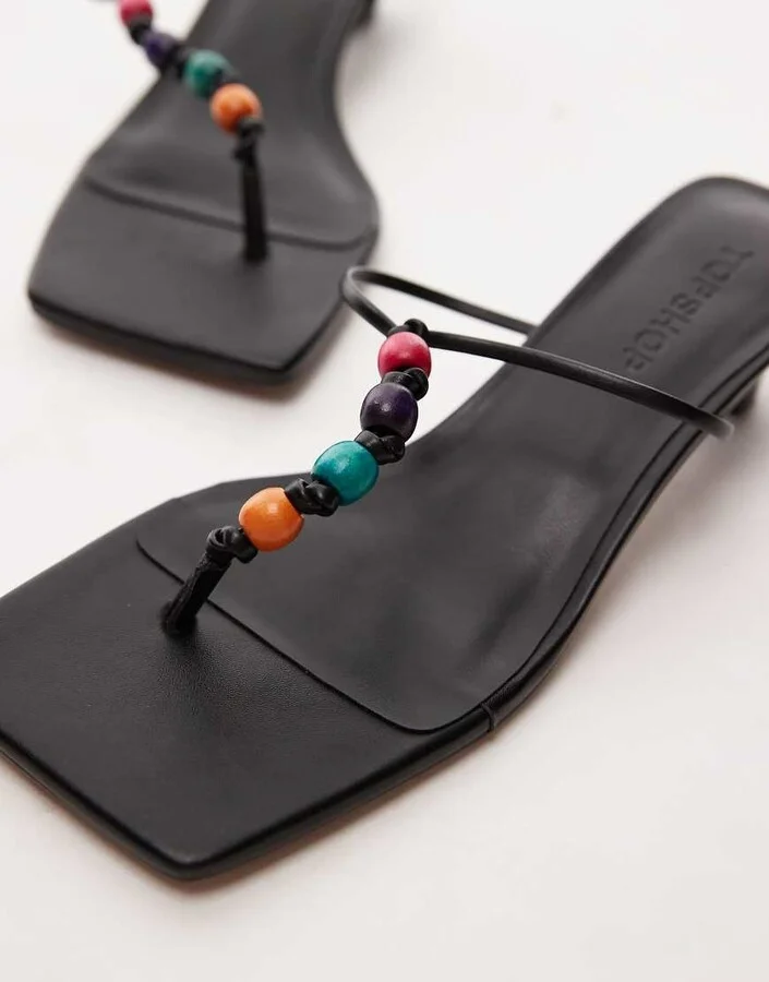 Topshop Irvin toe thong kitten heel sandals with beads in black - Image 2