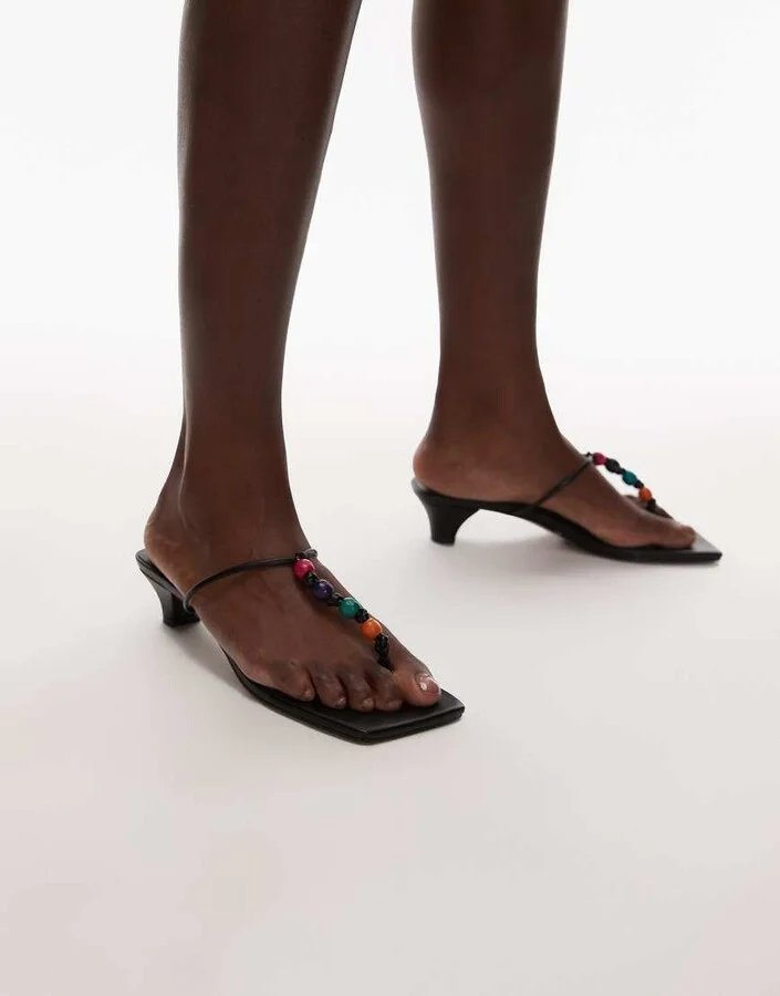 Topshop Irvin toe thong kitten heel sandals with beads in black - Image 3