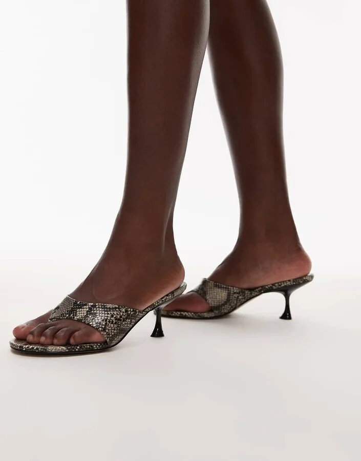 Topshop Isabella mid heel toe thong mules in snake