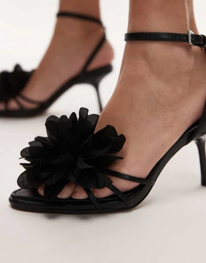 Topshop Isla flower applique high heeled sandals in black - Image 3