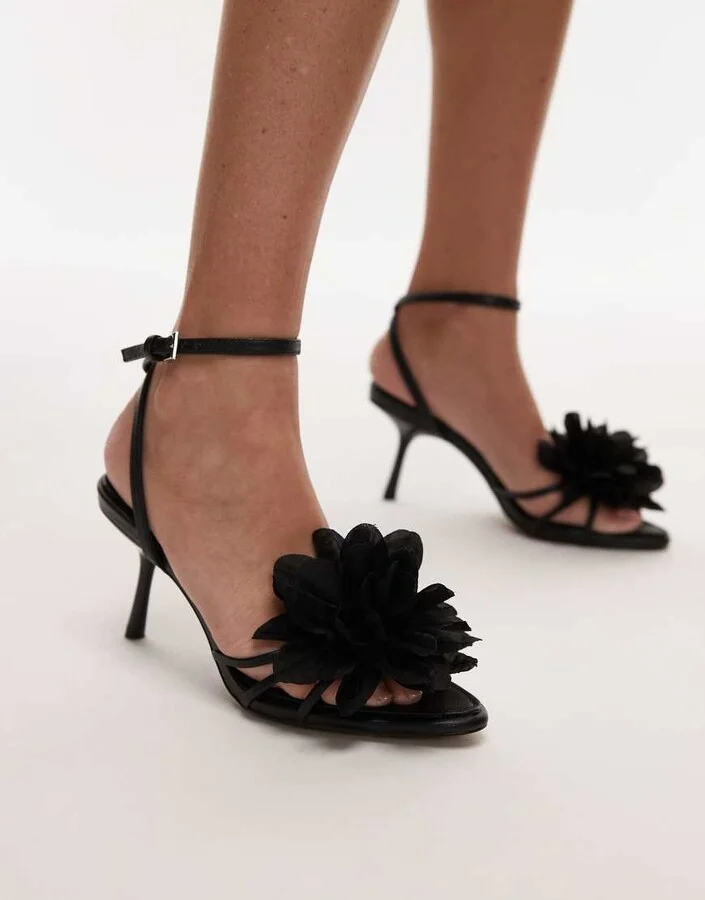 Topshop Isla flower applique high heeled sandals in black