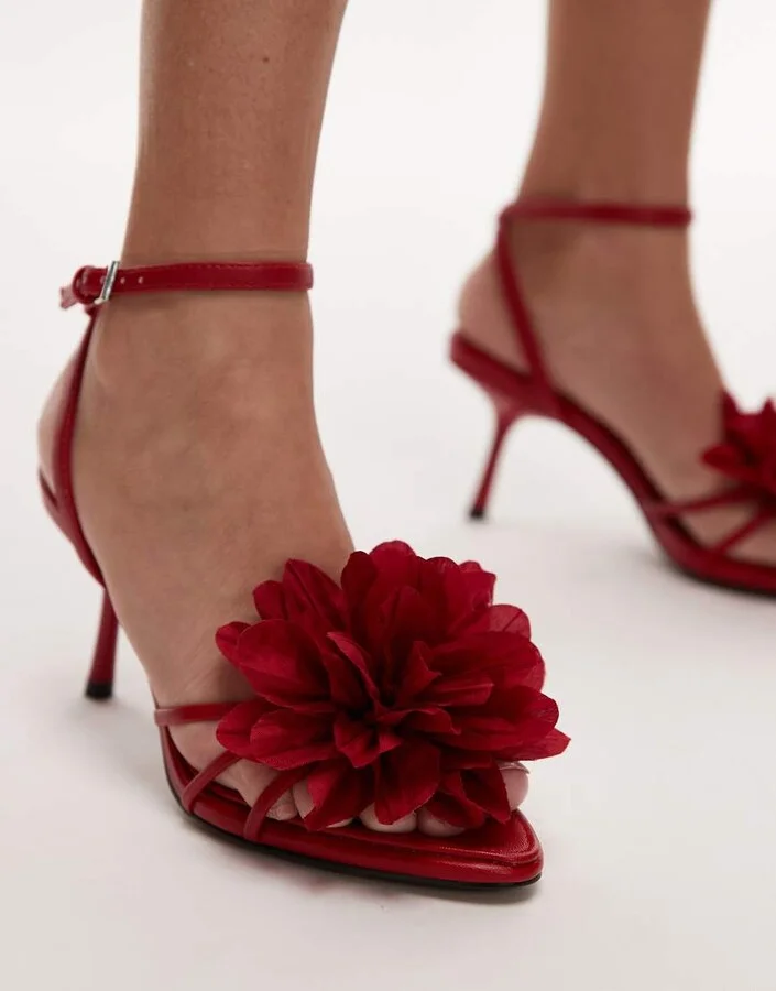 Topshop Isla flower applique high heeled sandals in red - Image 4