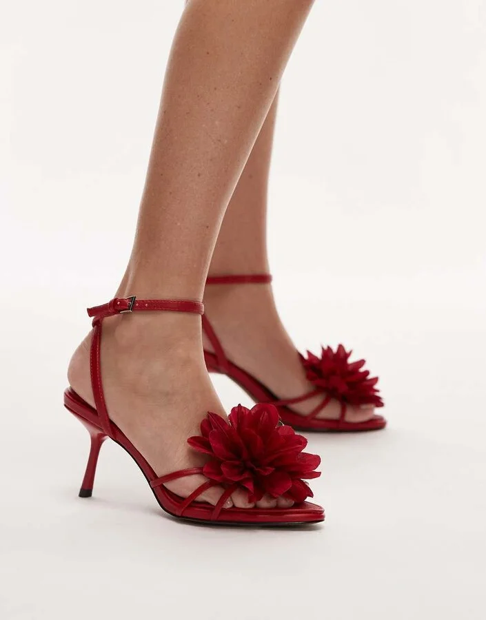 Topshop Isla flower applique high heeled sandals in red