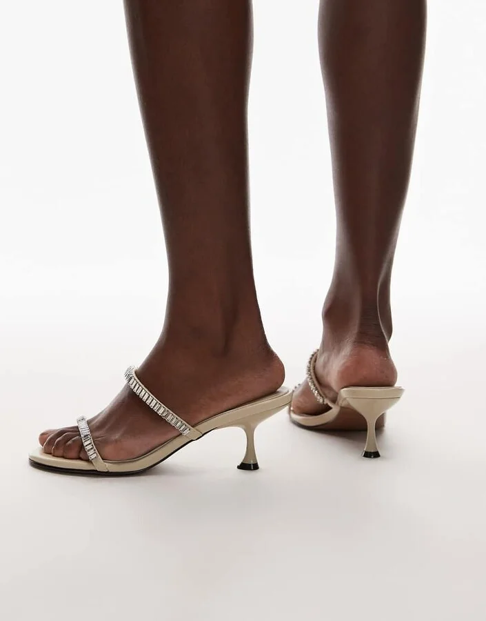 Topshop Issa embellished mid heel sandals in off white - Image 4