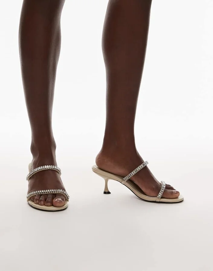 Topshop Issa embellished mid heel sandals in off white