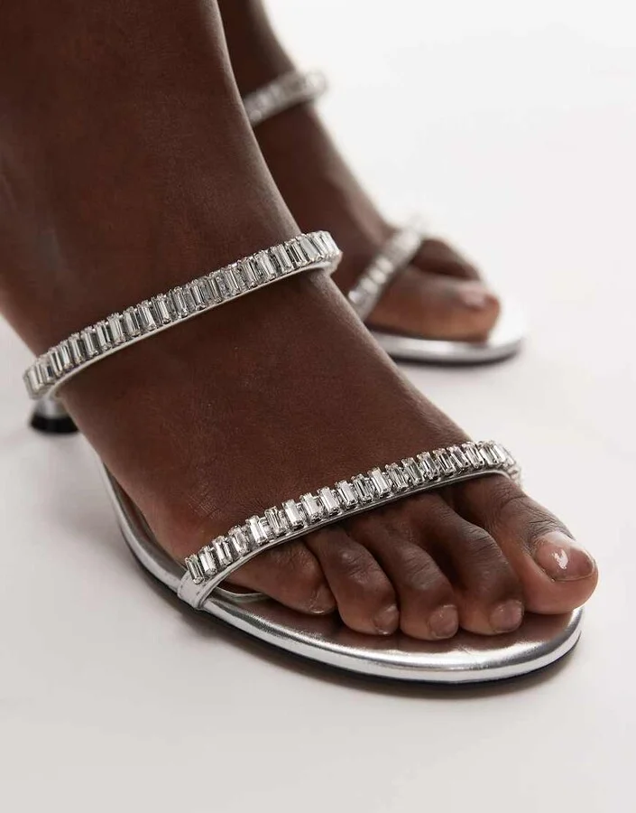 Topshop Issa embellished mid heel sandals in silver - Image 2