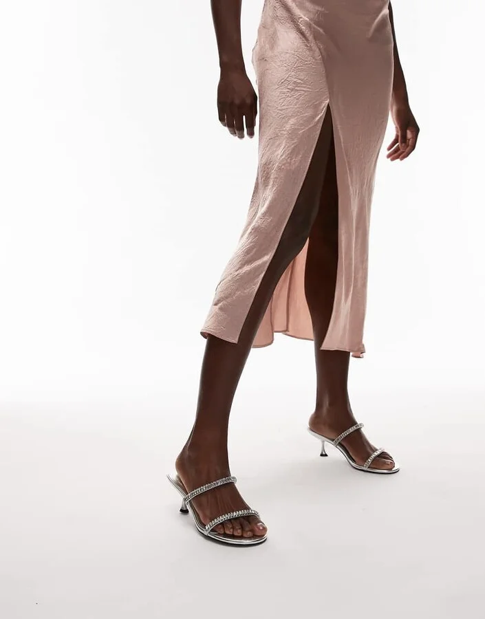Topshop Issa embellished mid heel sandals in silver - Image 3