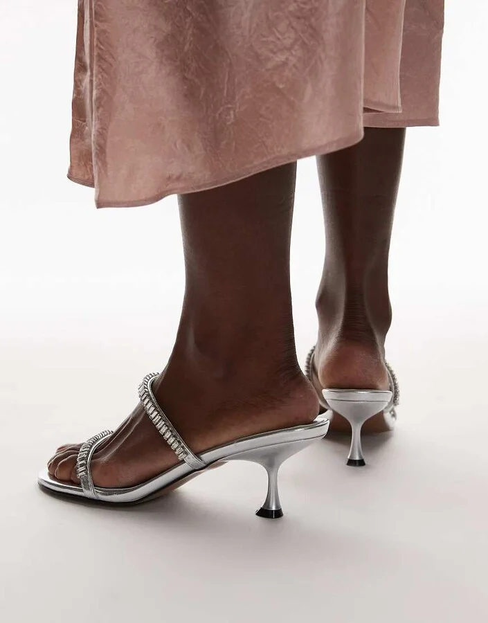 Topshop Issa embellished mid heel sandals in silver - Image 4