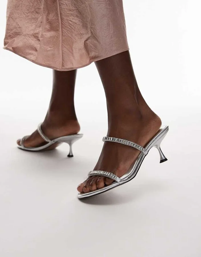 Topshop Issa embellished mid heel sandals in silver