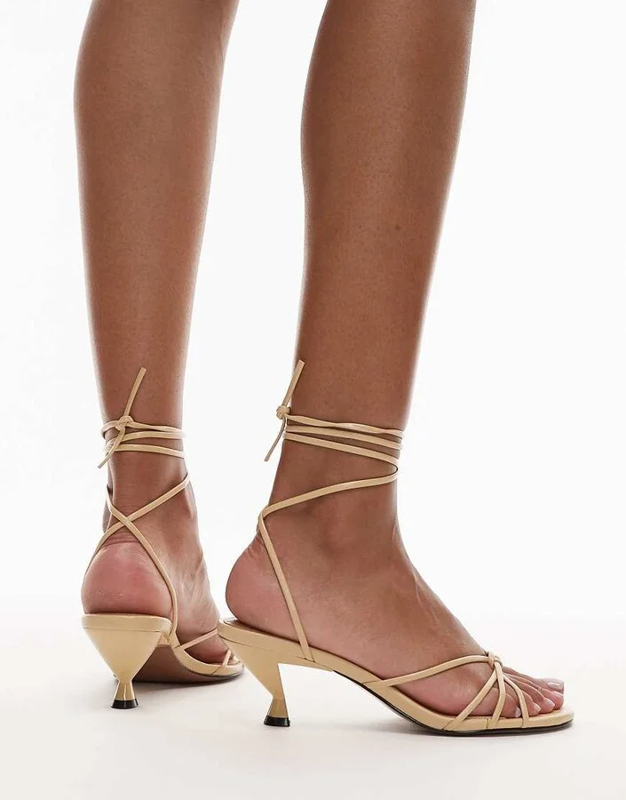 Topshop Itzel tie up mid heel sandals in buttermilk - Image 2
