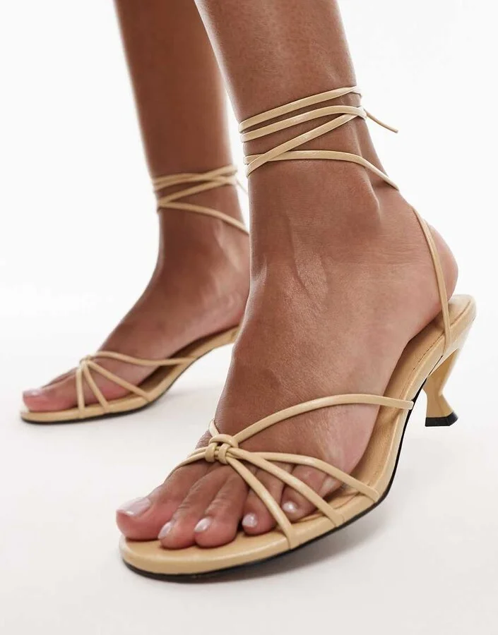 Topshop Itzel tie up mid heel sandals in buttermilk - Image 3