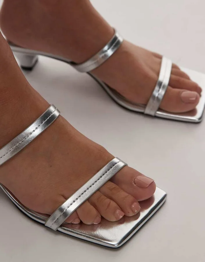 Topshop Izzy cone heel mules in silver - Image 3