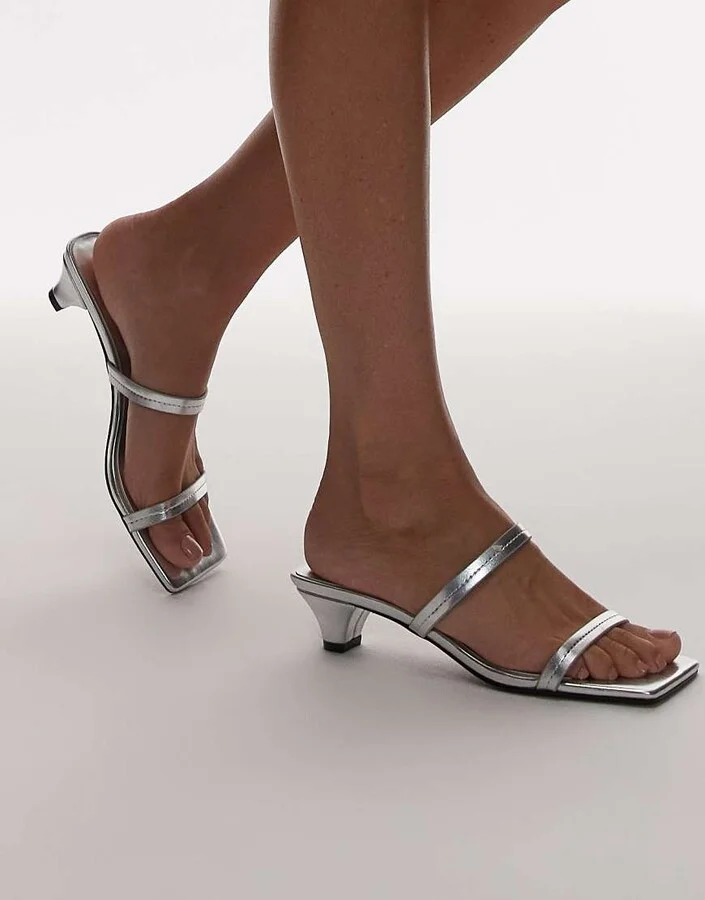 Topshop Izzy cone heel mules in silver