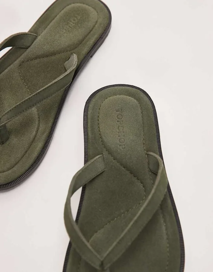Topshop Jay real suede toe thong flat sandals in khaki - Image 2