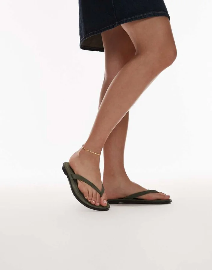 Topshop Jay real suede toe thong flat sandals in khaki