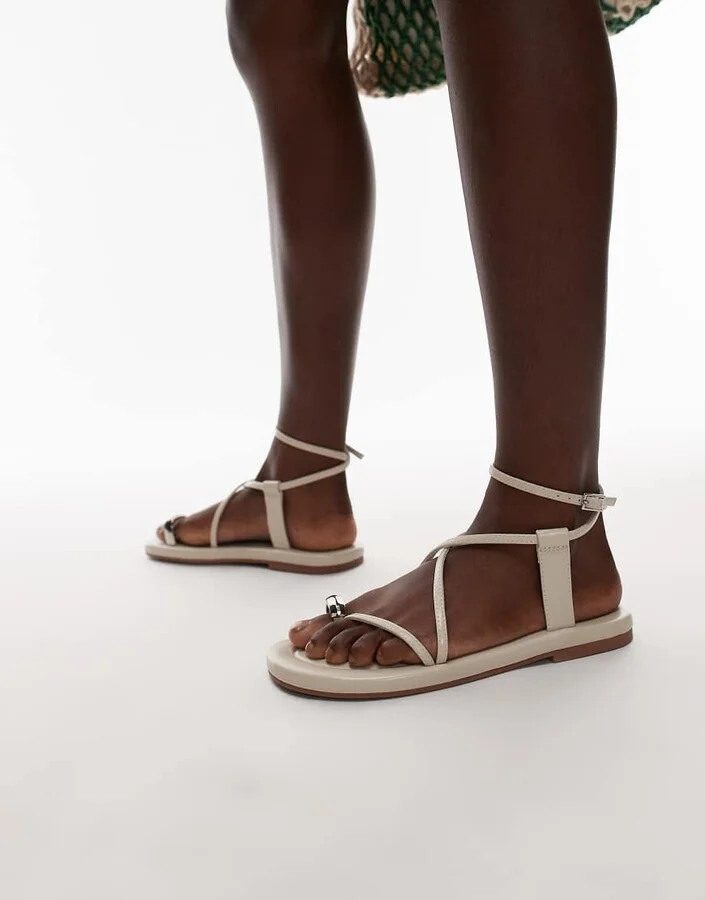 Topshop Jerry flat sandals with metal detail in off white - Image 4