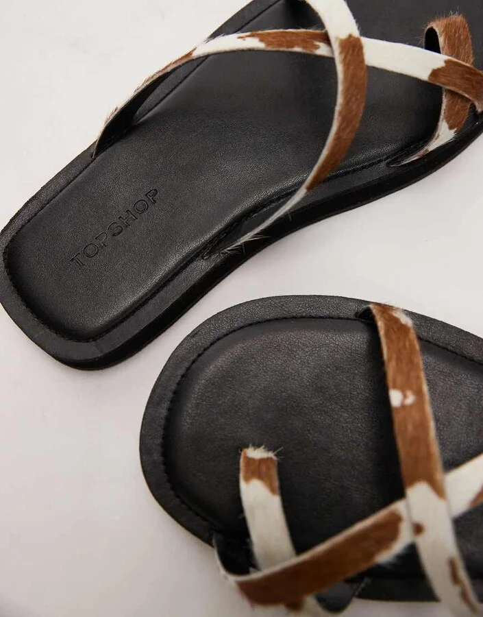 Topshop Jesse leather flat sandals in cow print - Image 3