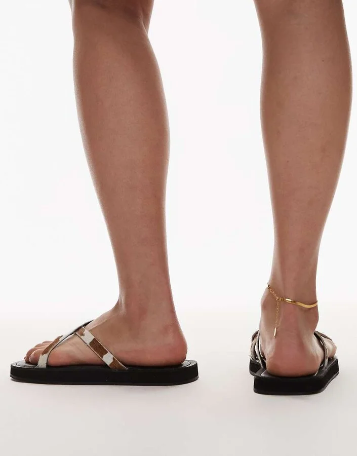 Topshop Jesse leather flat sandals in cow print - Image 4