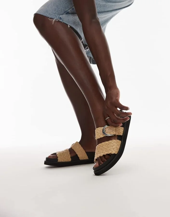 Topshop Kady woven flat sandals with buckle in natural