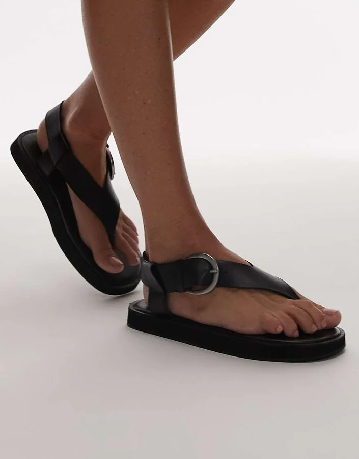 Topshop Kam real leather toe thong flat sandals in black