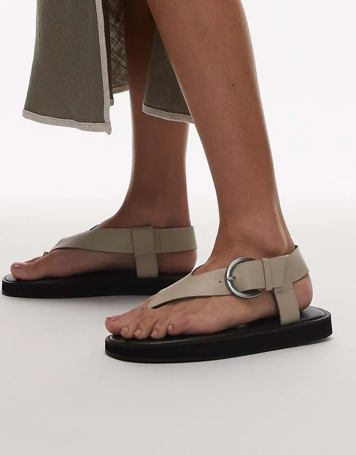 Topshop Kam real leather toe thong flat sandals in off white