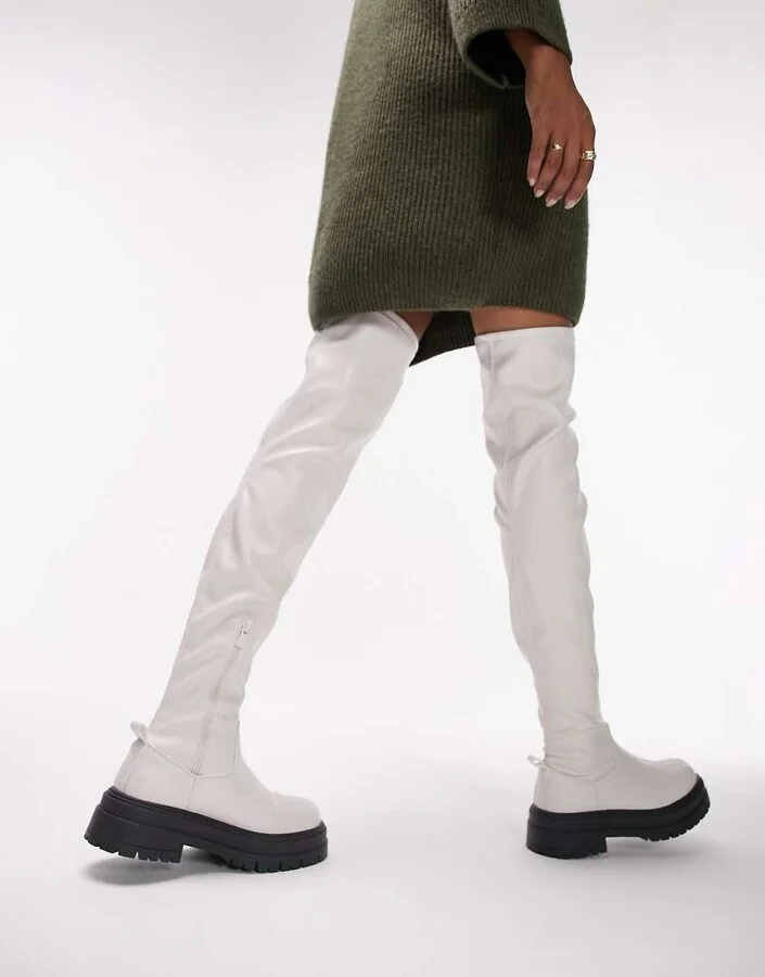 Topshop Kate chunky over the knee boots in off white - Image 4