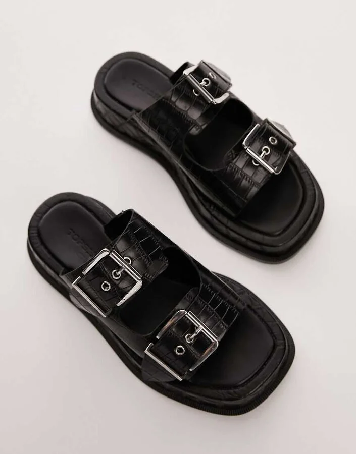 Topshop Katie leather chunky sandals in black croc - Image 2