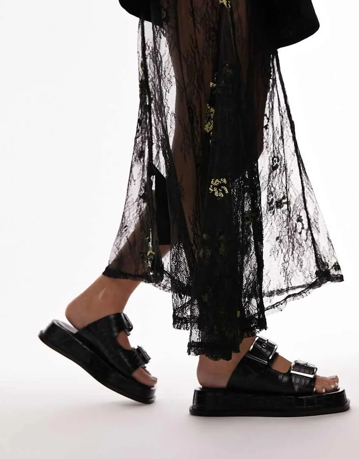 Topshop Katie leather chunky sandals in black croc - Image 3