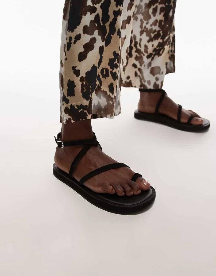 Topshop Kayce real suede strappy flat sandals in black