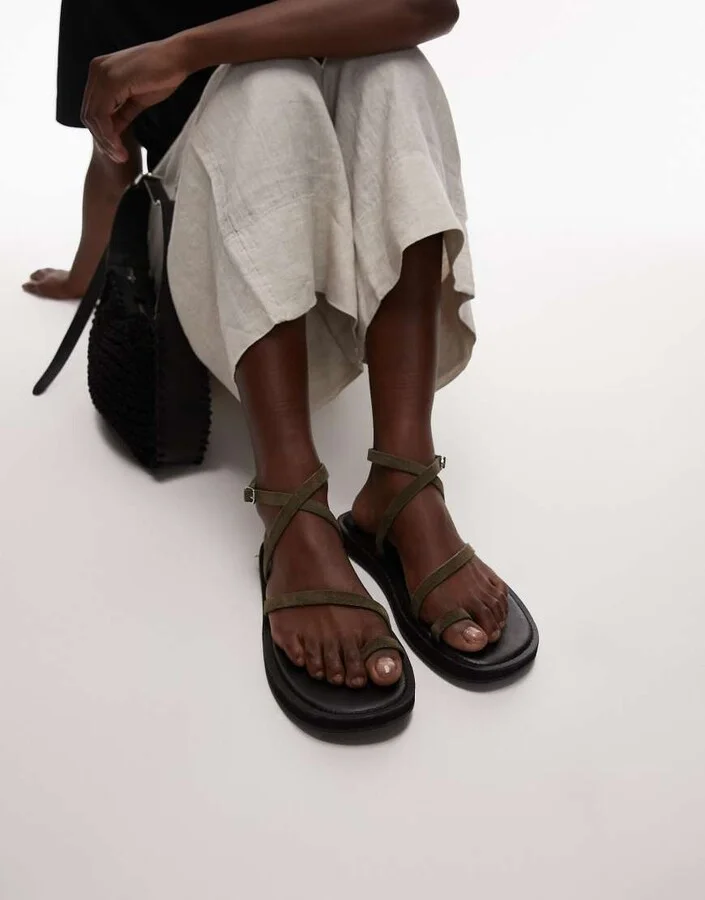 Topshop Kayce real suede strappy flat sandals in khaki - Image 3