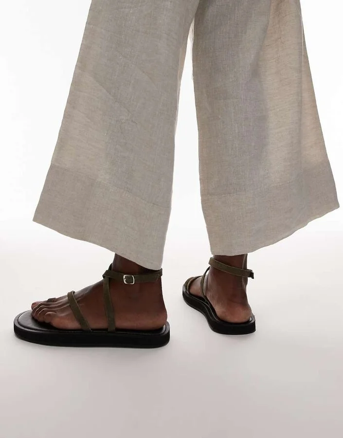 Topshop Kayce real suede strappy flat sandals in khaki - Image 4