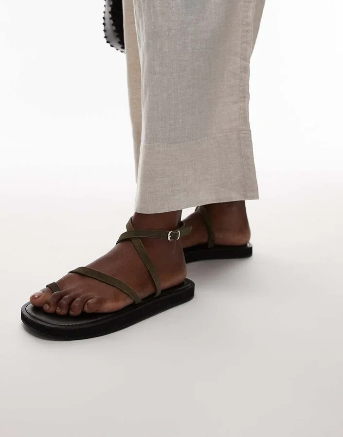Topshop Kayce real suede strappy flat sandals in khaki