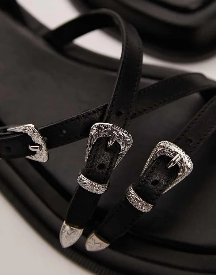 Topshop Kayla leather strappy sandals with buckle detail in black - Image 2