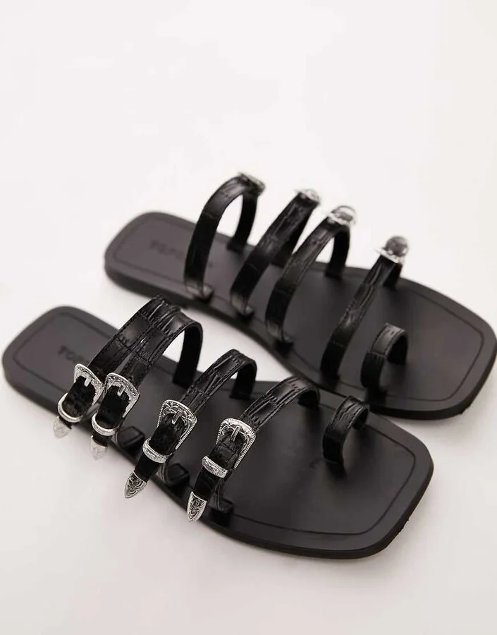Topshop Keira leather western buckle sandals in black - Image 2