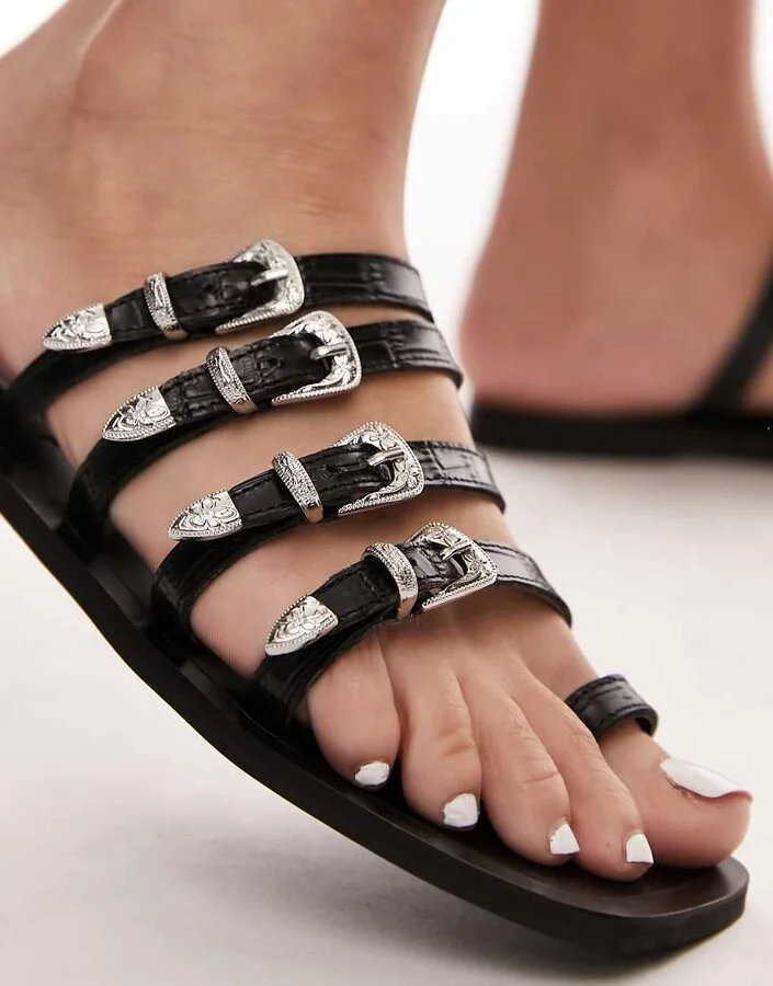 Topshop Keira leather western buckle sandals in black - Image 4