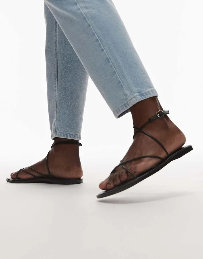 Topshop Kim real leather strappy flat sandals in black
