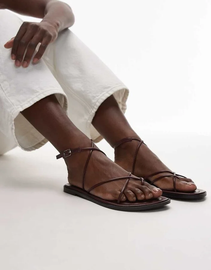 Topshop Kim real leather strappy flat sandals in burgundy
