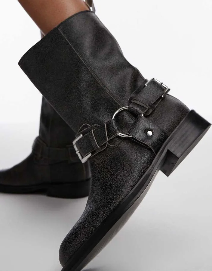 Topshop Leam premium leather biker boots in distressed gray - Image 2