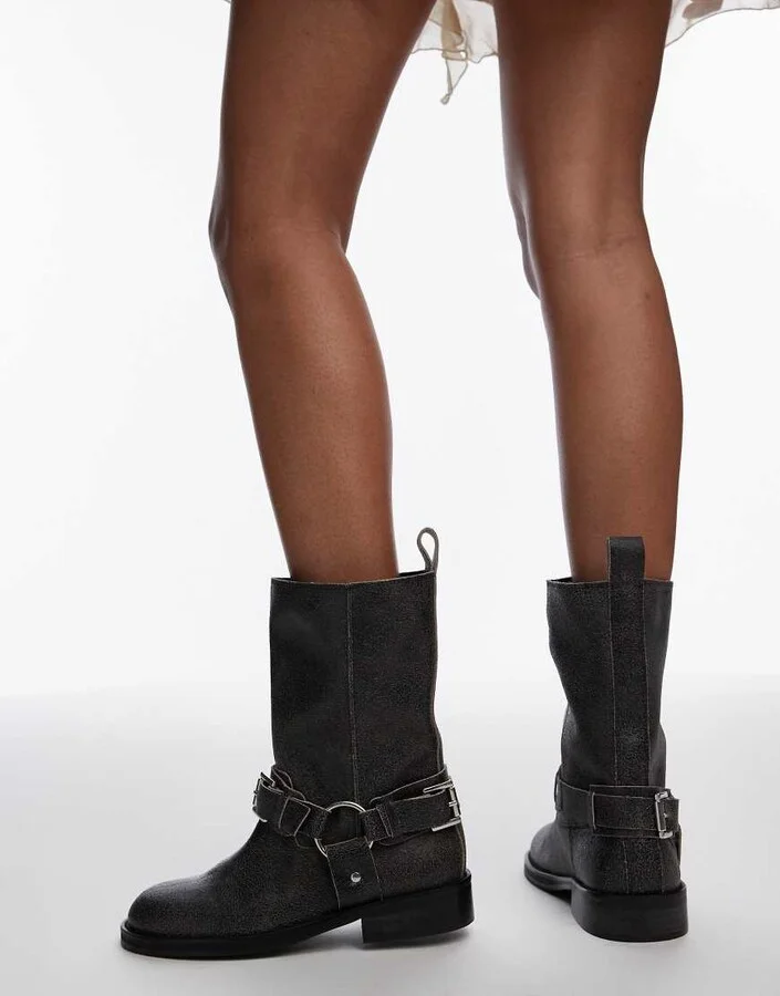 Topshop Leam premium leather biker boots in distressed gray - Image 3
