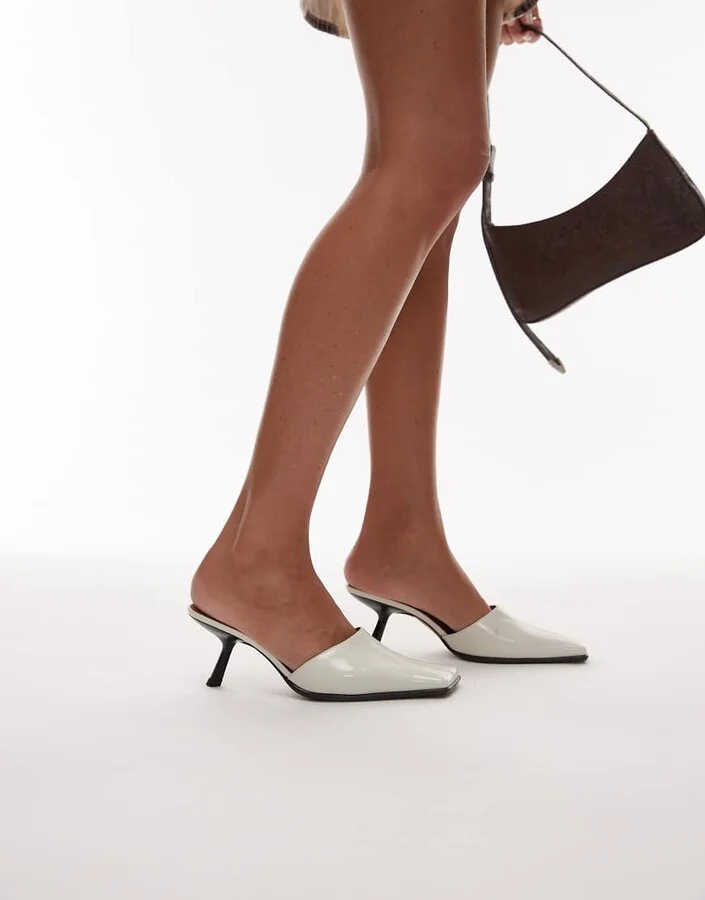Topshop Premium Dante leather square toe heeled mule in off white - Image 3