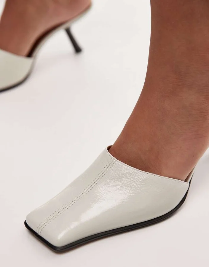 Topshop Premium Dante leather square toe heeled mule in off white - Image 4