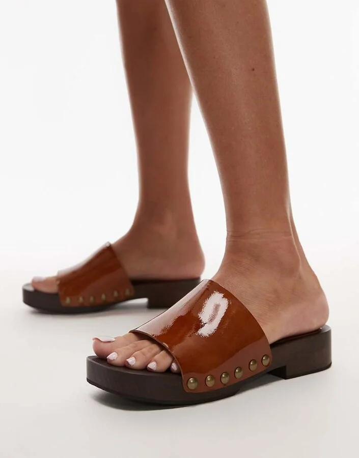 Topshop Premium Harley leather wooden clogs in tan - Image 3
