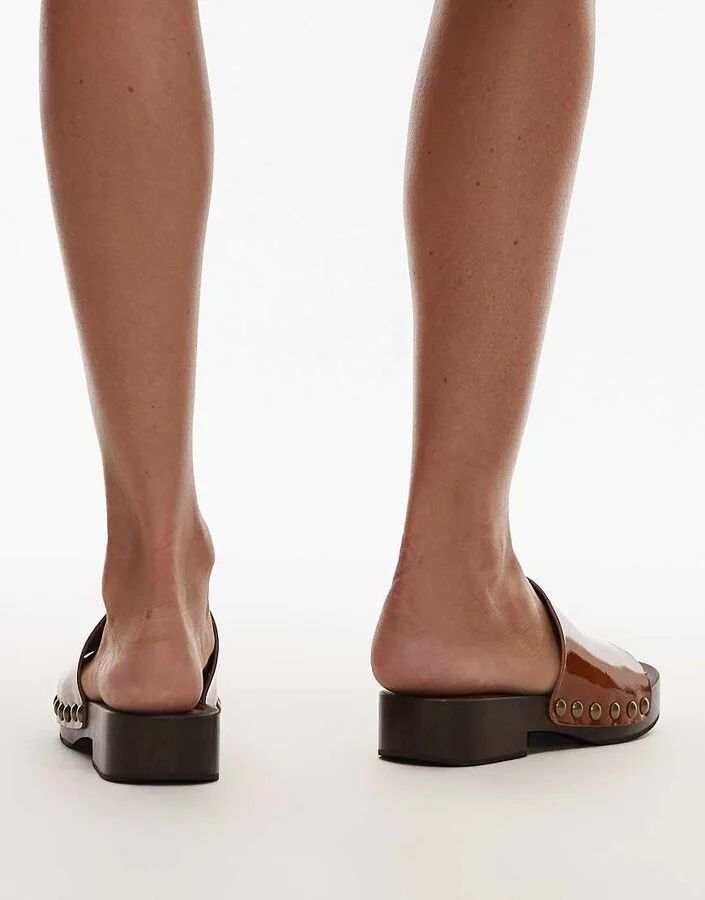 Topshop Premium Harley leather wooden clogs in tan - Image 4