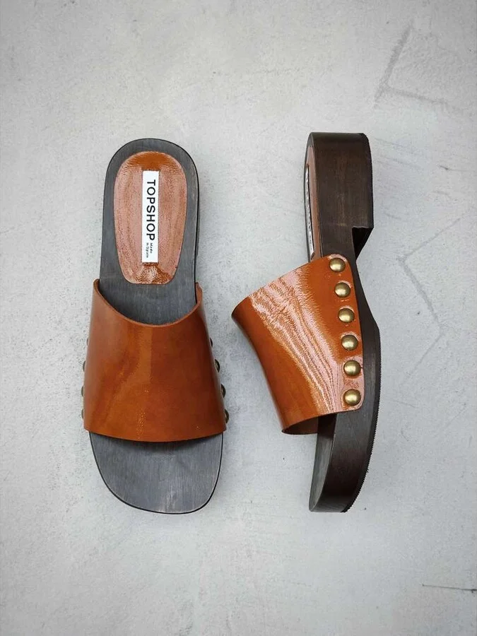 Topshop Premium Harley leather wooden clogs in tan
