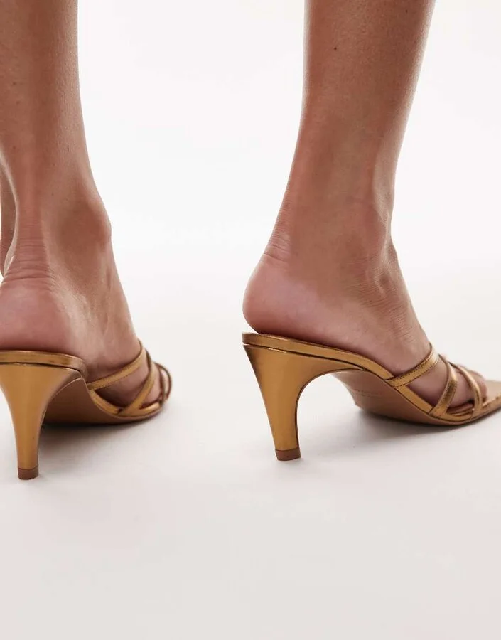 Topshop Premium Ida strappy heeled leather sandals in gold - Image 4